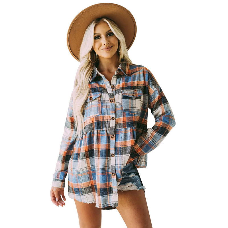 Wholesale Polyester Women's Tops Lapel Long Sleeve Pocket Casual European and American Plaid Shirt